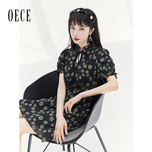 Oece复古碎花裙新款夏季女改良旗袍气质连衣裙裙子