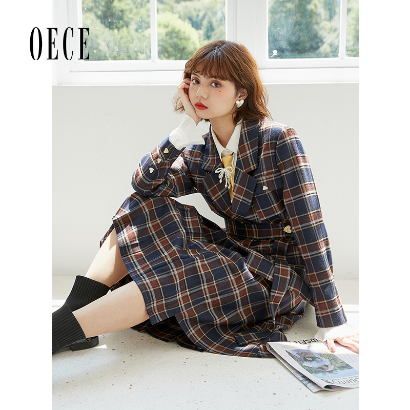 Oece半身裙复古格纹学院减龄