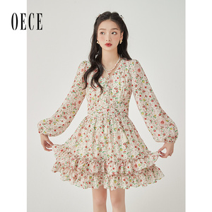 Oece长袖碎花连衣裙春夏季新款女装复古蛋糕裙法式裙子