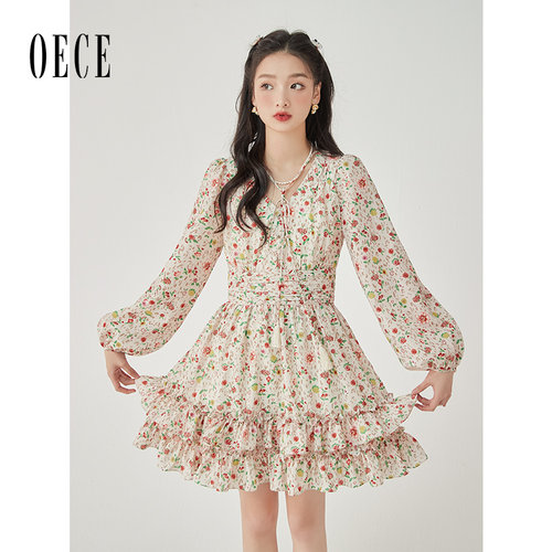 Oece高级感碎花连衣裙秋季复古