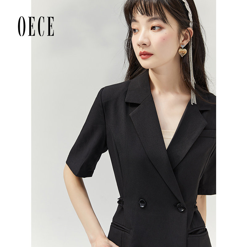 Oece复古小黑裙春夏季新款女裙子复古优雅气质西装裙连衣裙