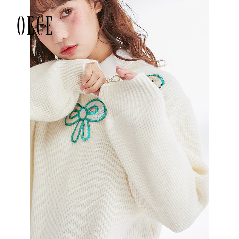 Oece冬装新款女装 蝴蝶结亮片绣减龄圆领长袖慵懒风宽松毛衣
