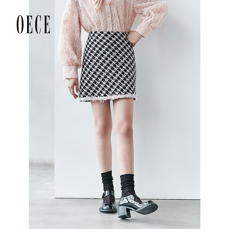 Oece春秋装女装 小香风法式复古高腰格纹粗花短裙A字半身裙
