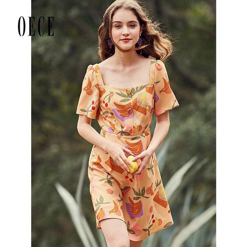 Oece夏装新款女装 智熏法式桔梗裙子复古法式印花连衣裙春夏