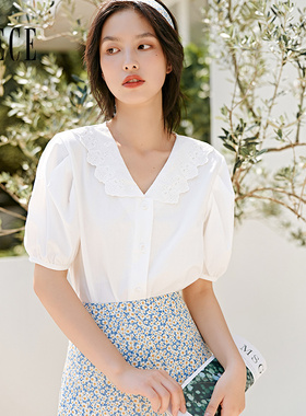 Oece夏装新款女装 清爽云朵白色法式花边翻领泡泡短袖上衣