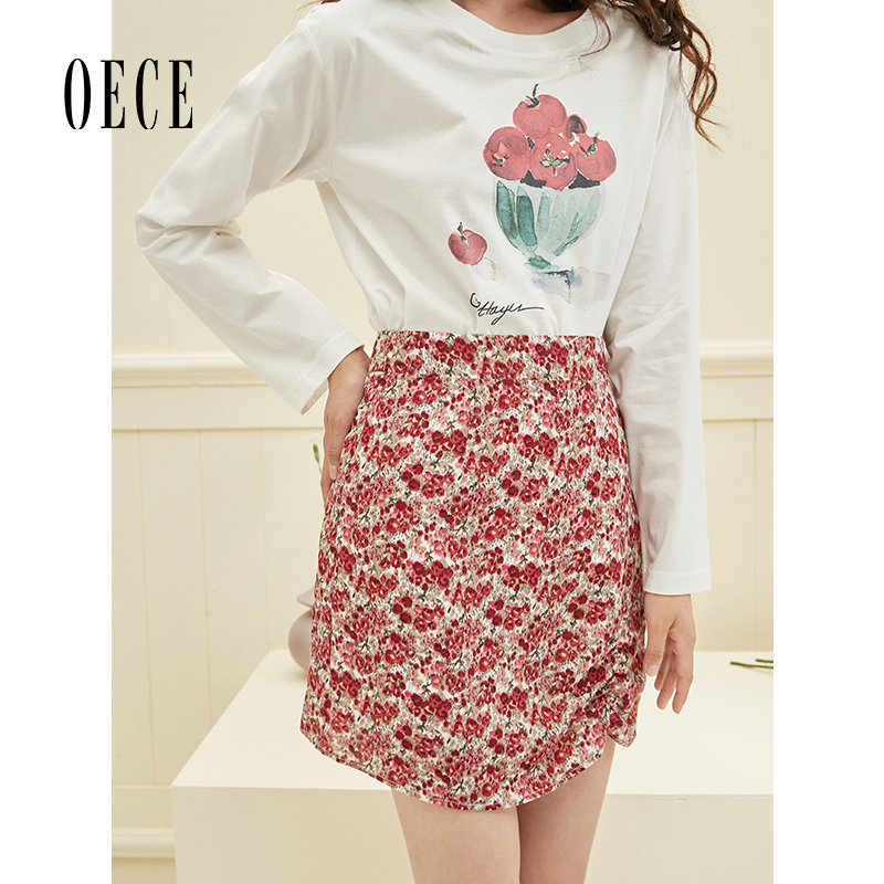 Oece秋装新款女装 蜜桃少女感复古提花修身高腰A字短裙