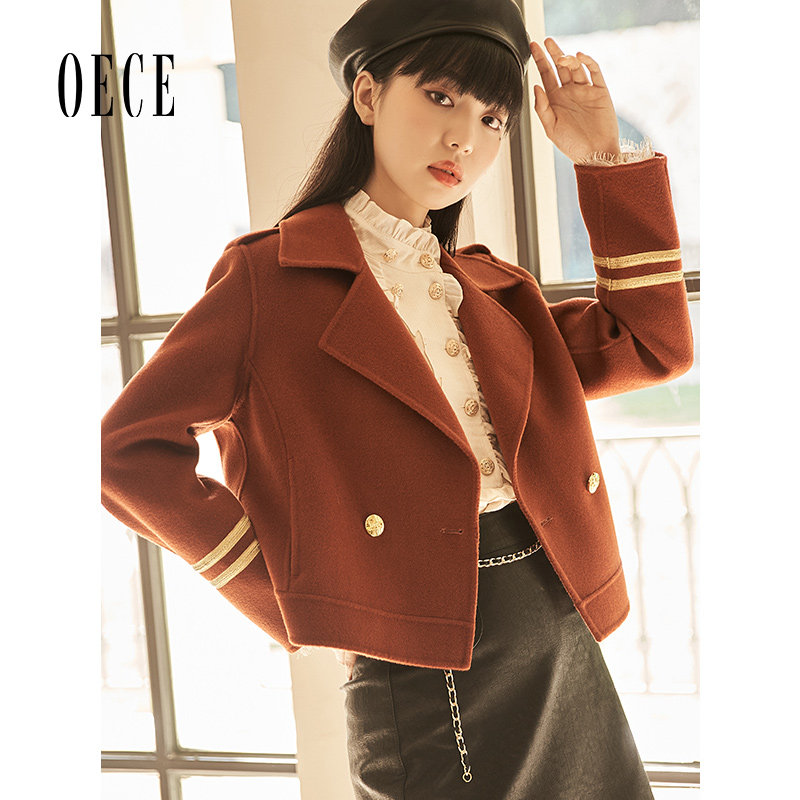 Oece短款毛呢外套冬新款女设计感撞色双面呢大衣小个子