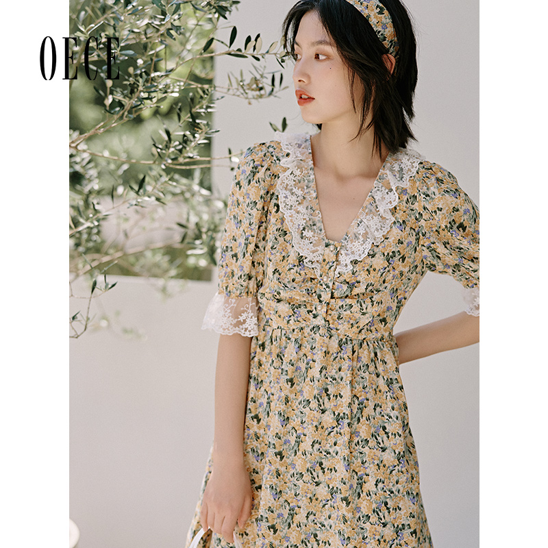 Oece夏装新款女装 小碎花仙气复古法式蕾丝翻领雪纺连衣裙