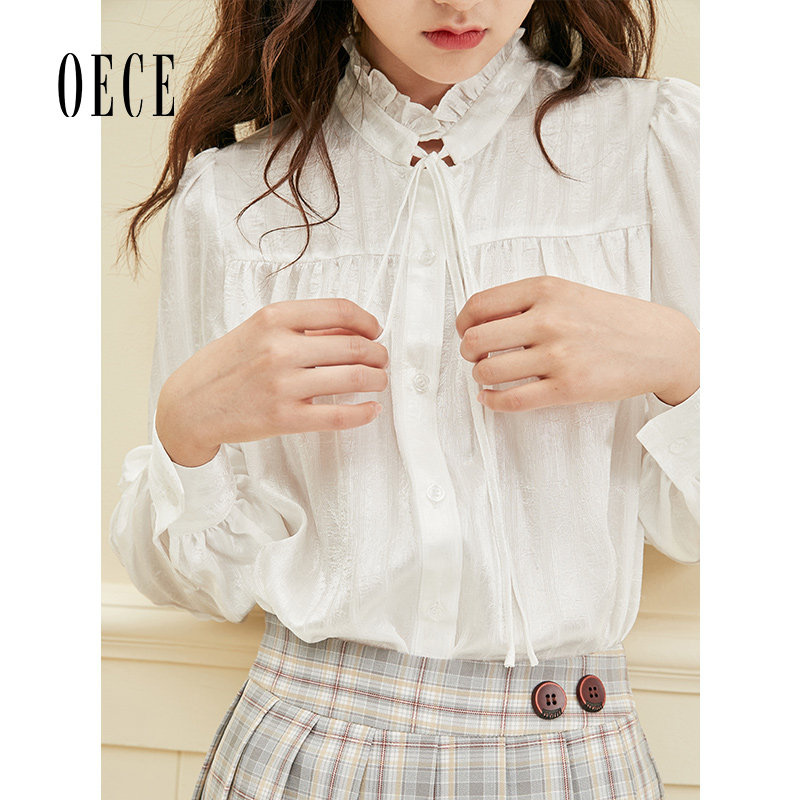 Oece秋装新款女装 法式甜心花边系带长袖上衣雪纺衫气质衬衫