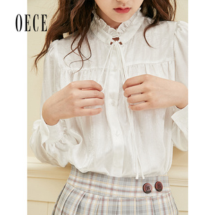 法式 女装 甜心花边系带长袖 上衣雪纺衫 Oece秋装 气质衬衫 新款