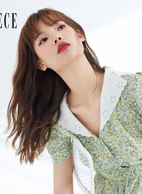 Oece夏装新款女装 元气清新绿色小碎花甜美复古气质连衣裙
