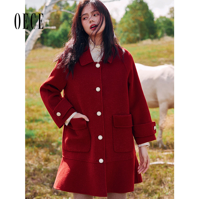 Oece冬季新款女装复古双面羊毛呢大衣中长款呢子外套赫本风