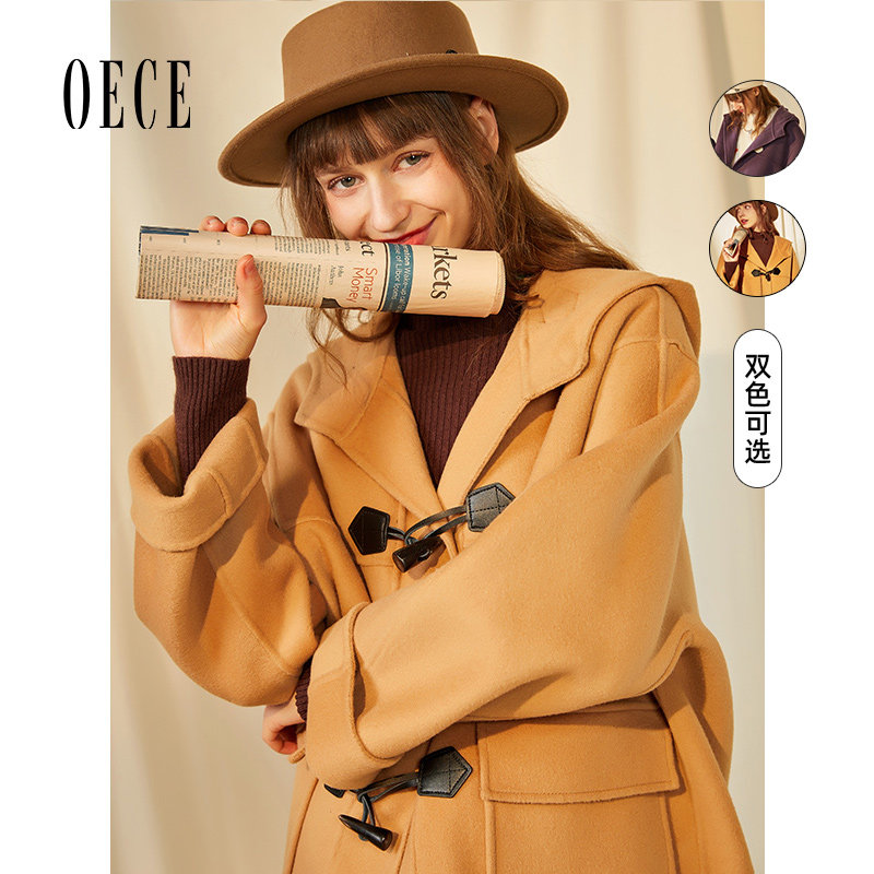 Oece冬装新款女装减龄复古学院连帽牛角扣双面羊毛呢大衣外套