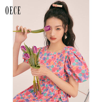 Oece港味复古chic裙子春夏新款女装显瘦法式碎花连衣裙中长款