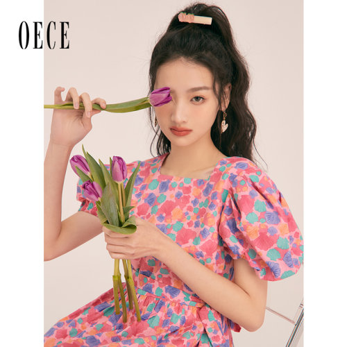 Oece复古花色连衣裙2022夏季新款