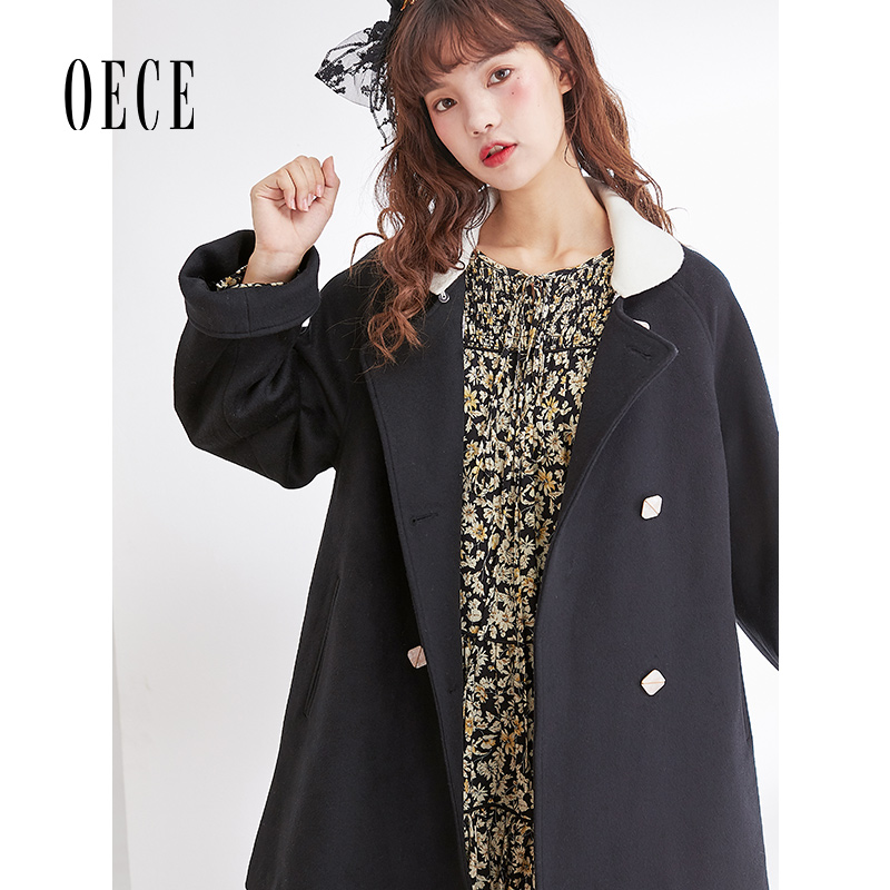 Oece冬新款女 学院撞色中长款呢子大衣冬毛呢外套