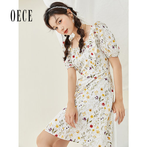 Oece复古碎花连衣裙夏装新款女装清新显白法式花边短袖裙子