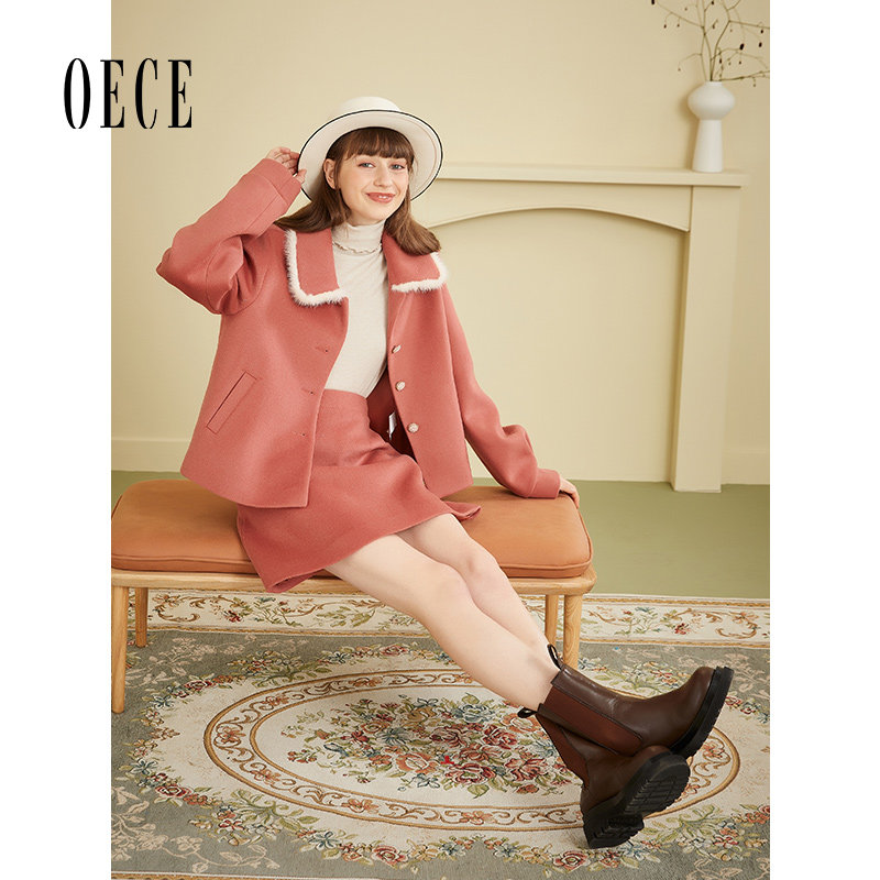 Oece秋冬装新款可盐可甜复古优雅修身高腰A字呢短裙半身裙