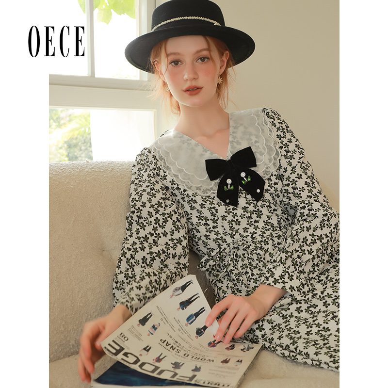 Oece甜美碎花裙春秋季新款女装复古气质中长款裙子连衣裙春