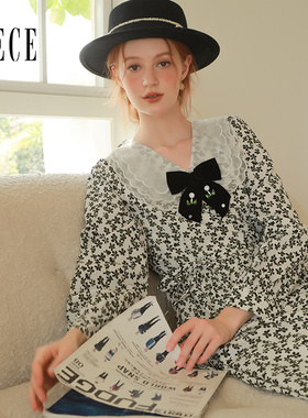 Oece甜美碎花裙春秋季新款女装复古气质中长款裙子连衣裙春