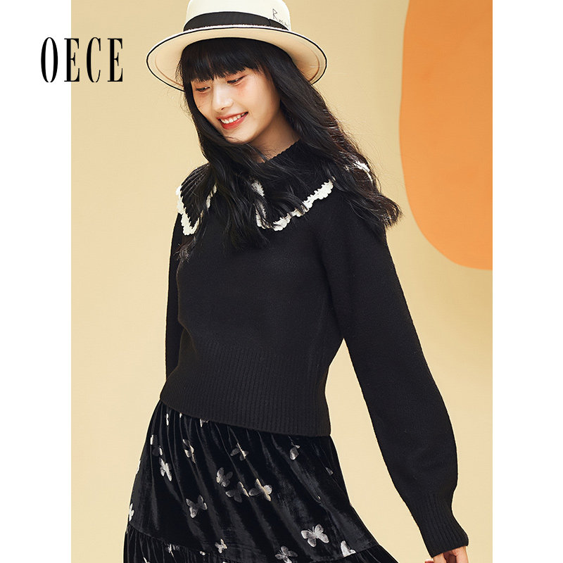 Oece秋冬新款女装 学院复古娃娃领针织衫秋减龄长袖毛衣上衣