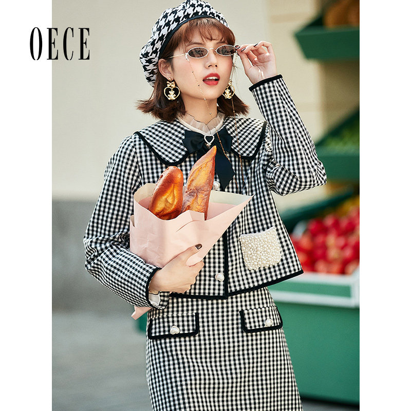 Oece复古格子短外套春夏季新款女装设计感小众夹克气质小个子