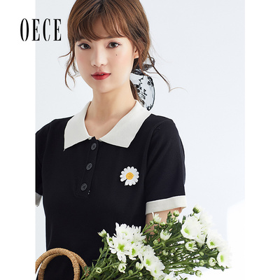 Oece夏装新款女装 自命可爱复古减龄雏菊刺绣翻领短袖连衣裙