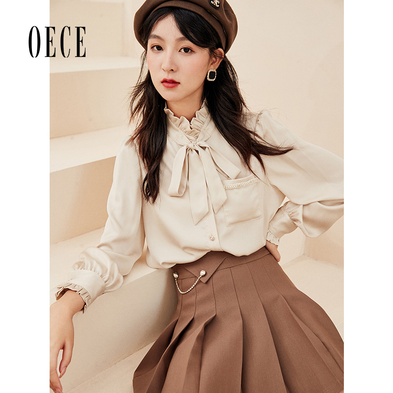 oece法式冬装新款系带修身风衬衣
