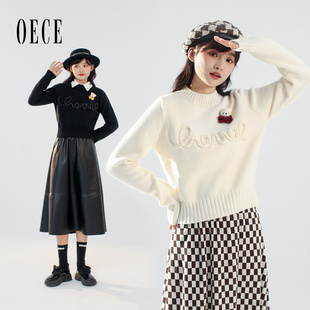 Oece冬新款女套头毛衣小熊圆领长袖针织衫气质上衣
