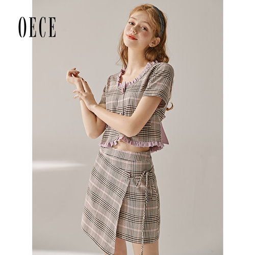 oece夏装新款女装嗲嗲复古小香风设计感系带高腰格纹A字短裙