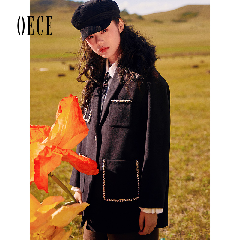 Oece冬新款女学院复古设计感羊毛呢大衣气质外套