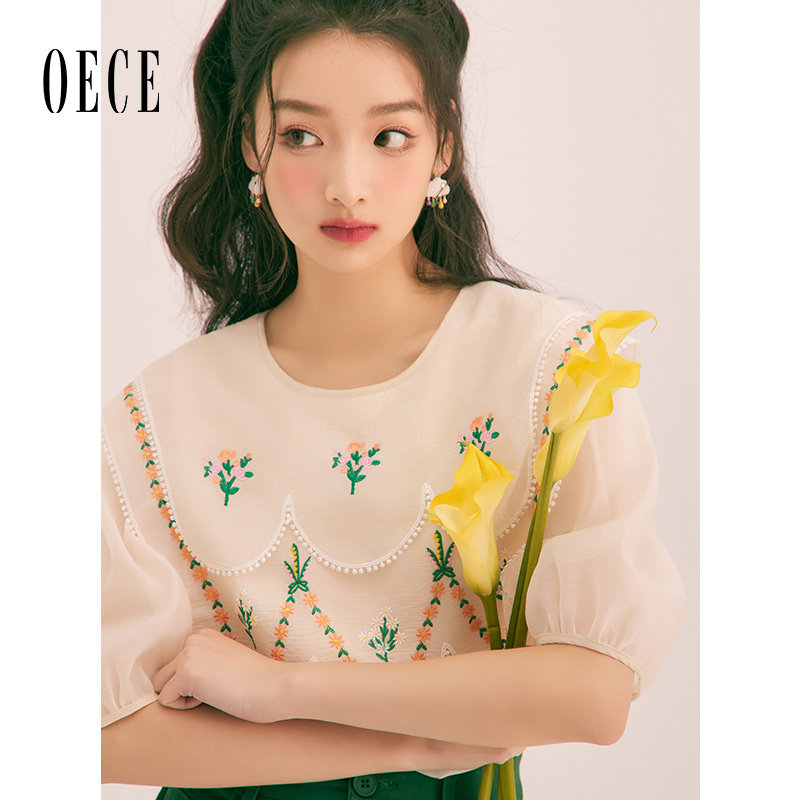 Oece别致漂亮小衫春夏季新款女装复古刺绣花朵衬衫设计感上衣