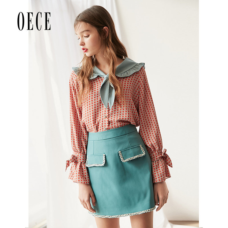 Oece春秋款新款女装 甜心海盐蓝复古小香风个性口袋高腰短裙