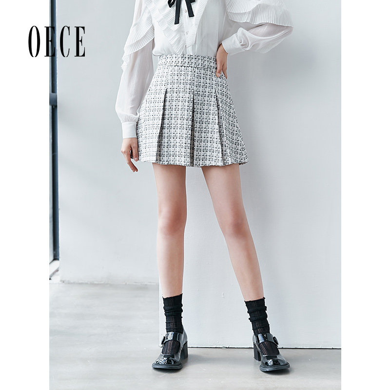 Oece春秋装女装 少女感复古减龄小香粗花百褶短裙