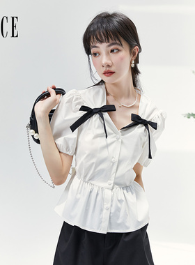 Oece白色设计感上衣新款春夏季女装气质V领女士衬衫法式衬衣