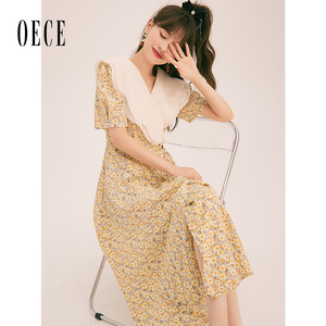 Oece港味复古chic裙子春夏新款女装高级感荷叶领碎花连衣裙