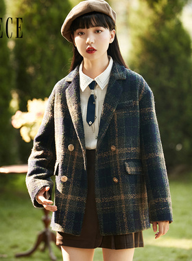 Oece复古格子呢子大衣冬新款女气质中长西装毛呢外套