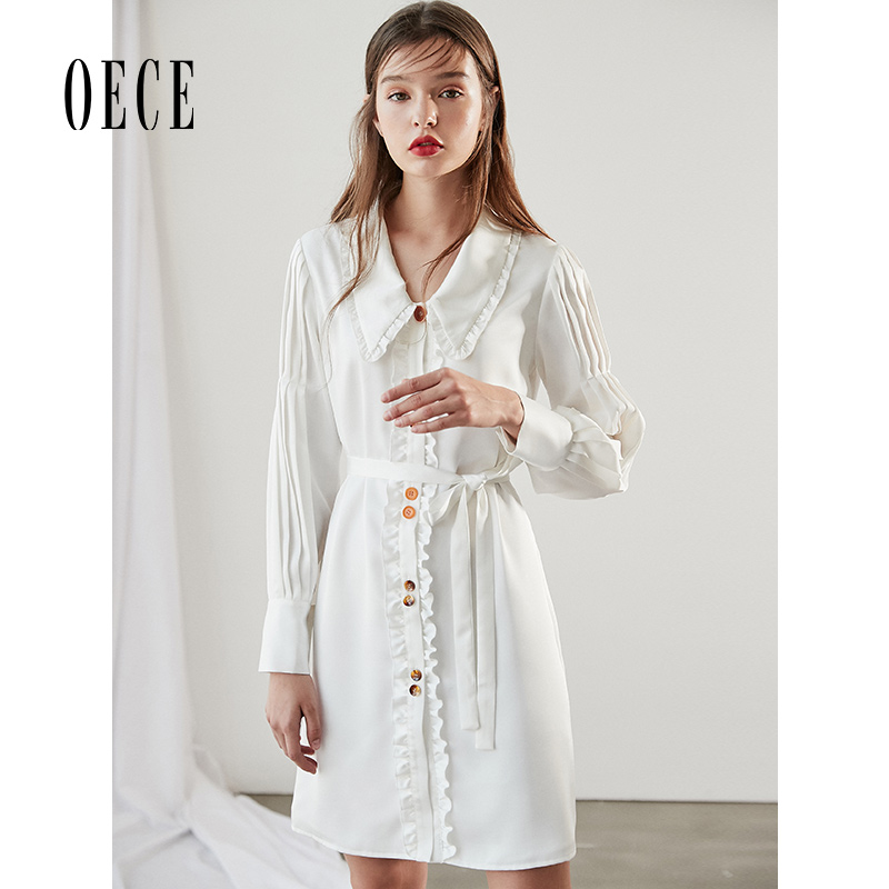 Oece春秋装女装法式初恋裙复古温柔甜美花边长袖连衣裙