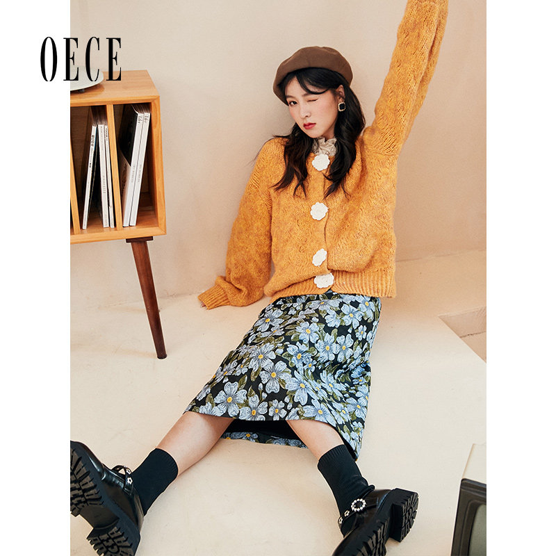 Oece复古碎花裙春秋装新款女装文艺高腰显瘦百搭裙子春秋半身裙