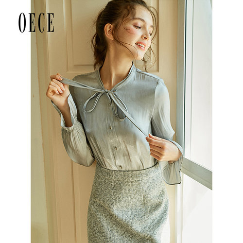 Oece春装新款女装 温柔恬静复古甜美系带喇叭袖衬衫衬衣上衣