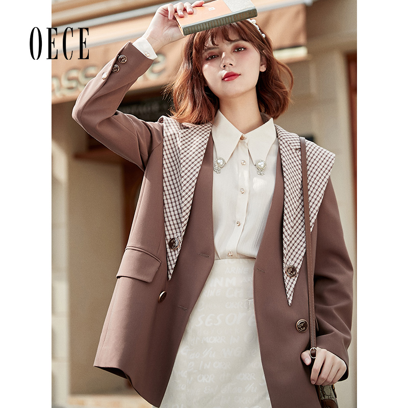 Oece英伦西装外套春秋新款女装个性假领气质复古设计感西服