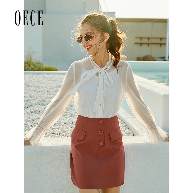 Oece春秋装新款女装 长腿气质复古甜美口袋高腰A字短裙半身裙