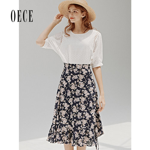 oece夏装新款女装法式甜心复古小碎花气质高腰修身雪纺半身裙