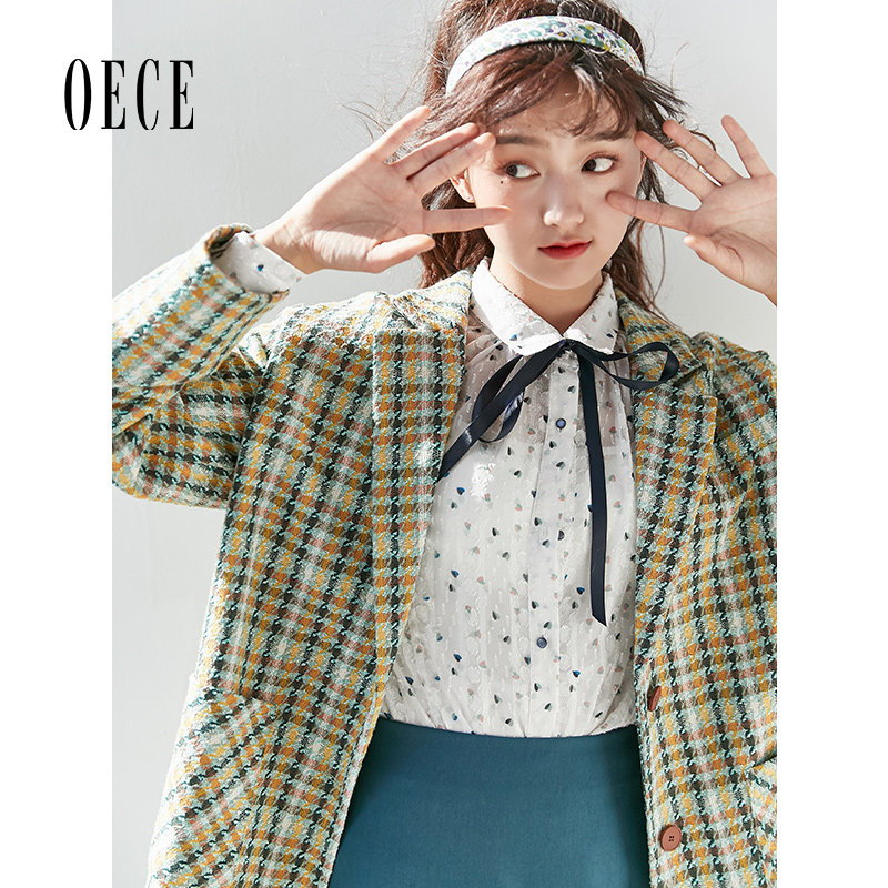 Oece复古格纹西装外套春秋新款女气质设计感小众西服