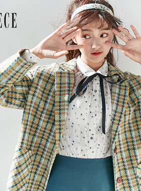 Oece复古格纹西装外套春秋新款女气质设计感小众西服