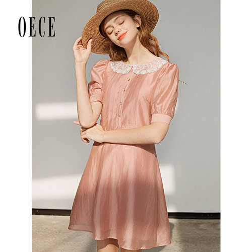 Oece夏装新款女装 少女复古法式蕾丝娃娃领泡泡袖连衣裙