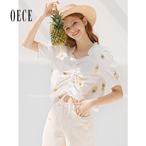 oece夏装新款女装果香少女感清新甜美复古方领系带泡泡袖上衣