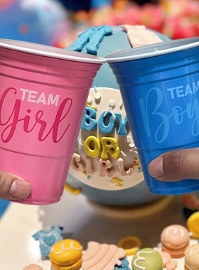 16oz性别揭示塑料杯团队男孩团队女孩一次性蓝色粉色派对用品餐具