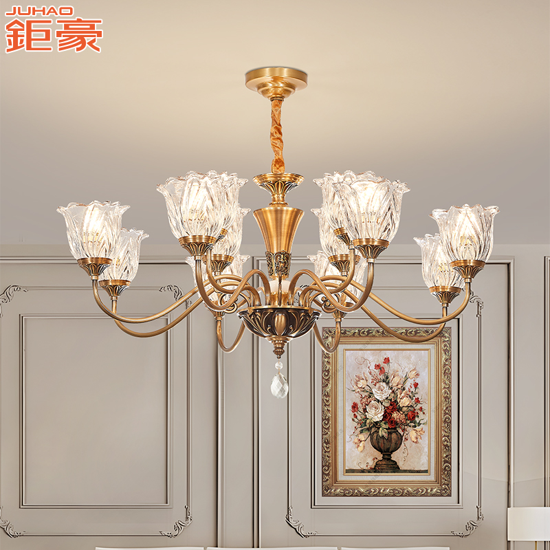 美式客厅吊灯轻奢别墅酒店卧室房间吊灯复古乡村餐厅全铜水晶吊灯