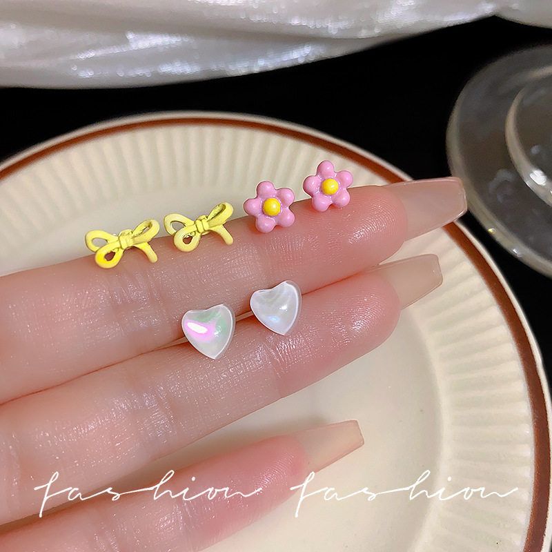 蝴蝶结少女套装爱心耳钉彩色银针